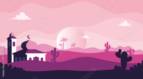 Mosque with desert landscape illustration with flat design