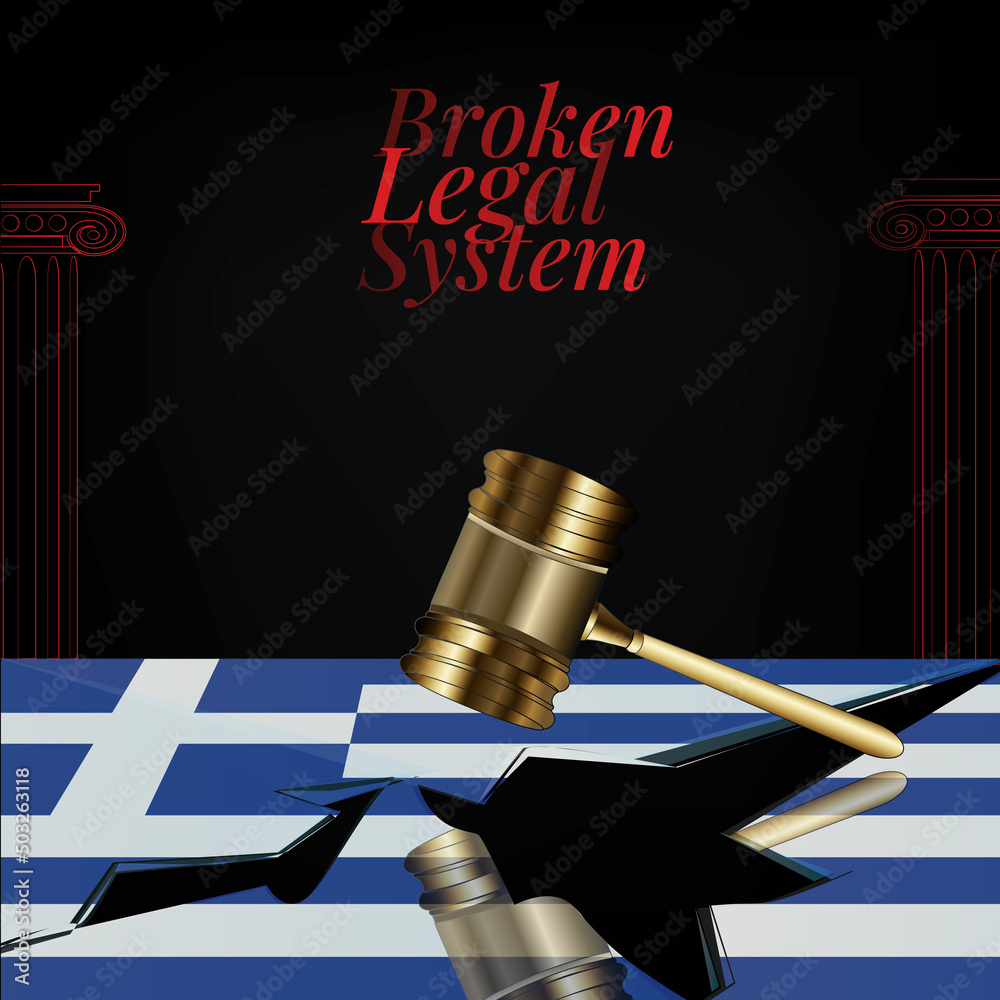 Greece's broken legal system concept art.Flag of Greece and a gavel