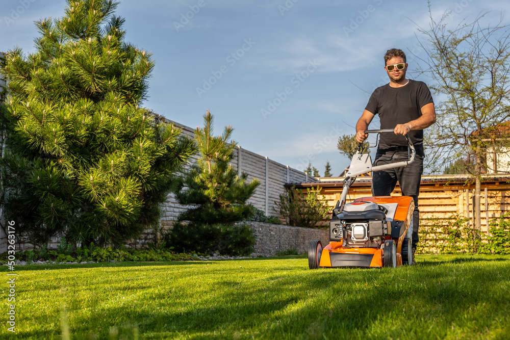 Fototapeta premium Man mowing lawn in the backyard of his house. Man with lawn mower.