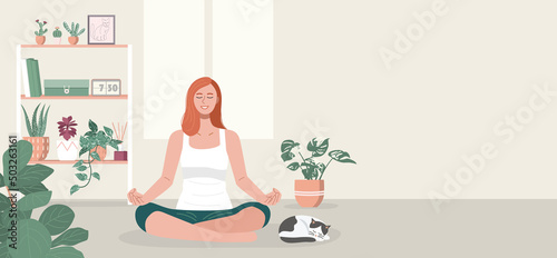A woman practicing yoga and meditating at home. Vector