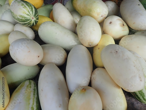 Blewah at the fruit market. Blewah is similar to melon but in a different cultivation group. It is liana-shaped, as are pumpkins and cucumbers. Blewah fruit used as a refreshing drink. photo