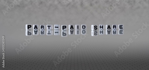 part paid share word or concept represented by black and white letter cubes on a grey horizon background stretching to infinity