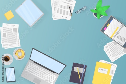 Workplace for business, management, finances and self office. Place for text. View from above. notebook and office supplies on the desktop.