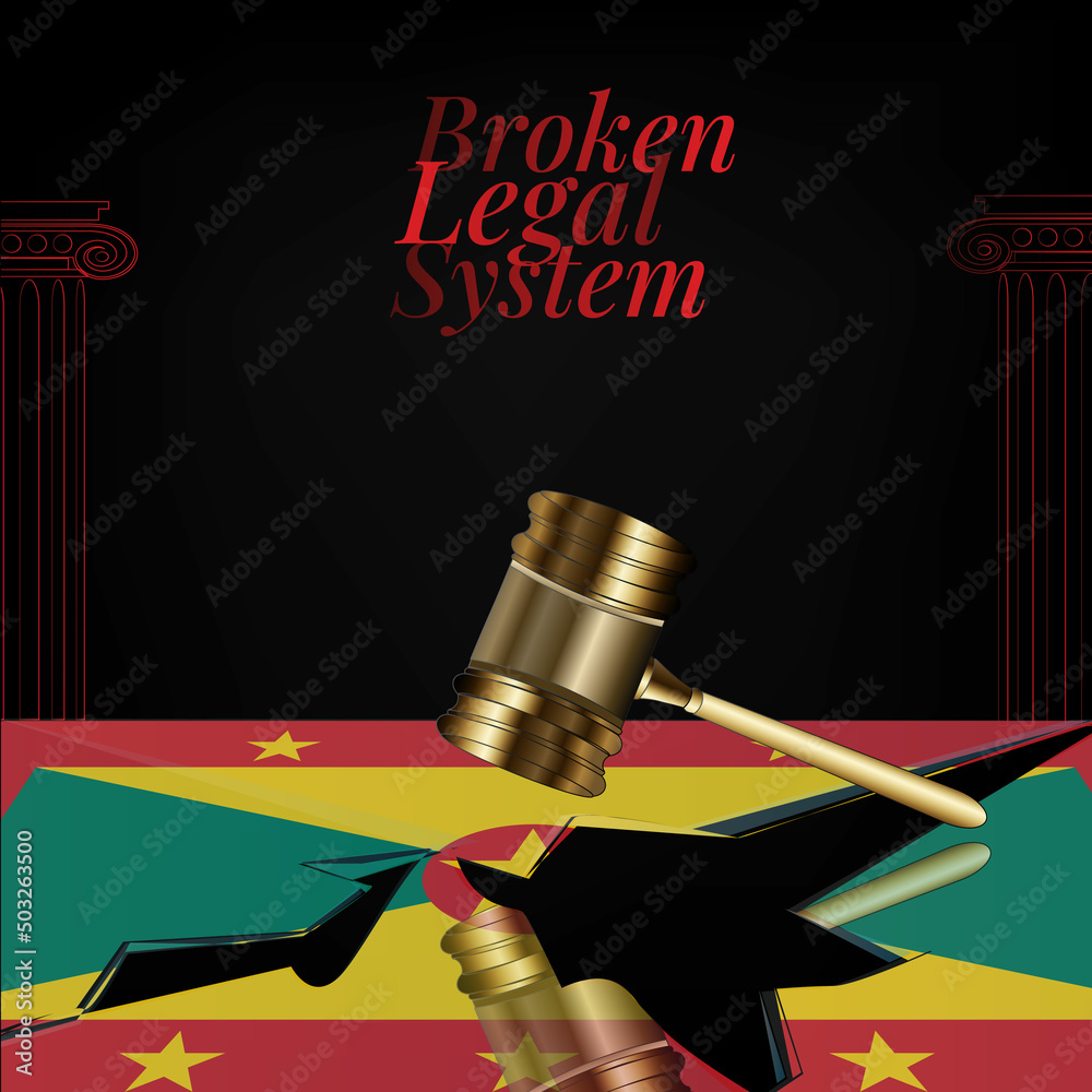 Grenada's broken legal system concept art.Flag of Grenada and a gavel