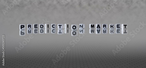 prediction market word or concept represented by black and white letter cubes on a grey horizon background stretching to infinity