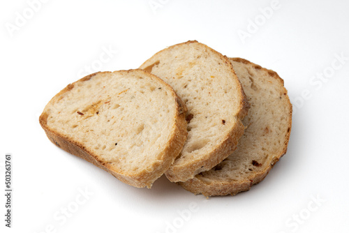 slices of bread isolated on white background, side view