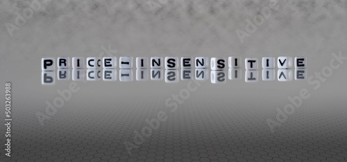 price insensitive word or concept represented by black and white letter cubes on a grey horizon background stretching to infinity