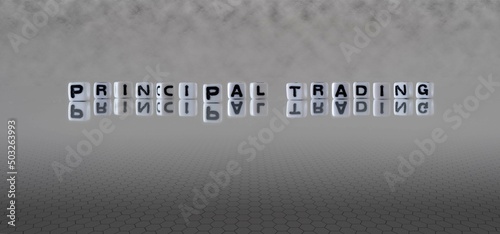 principal trading word or concept represented by black and white letter cubes on a grey horizon background stretching to infinity