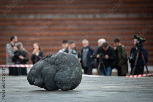 Fragment of a Soviet monument to a friendship between Ukrainian and Russian nations during its demolition amid Russia's invasion of Ukraine in central Kyiv, Ukraine photo