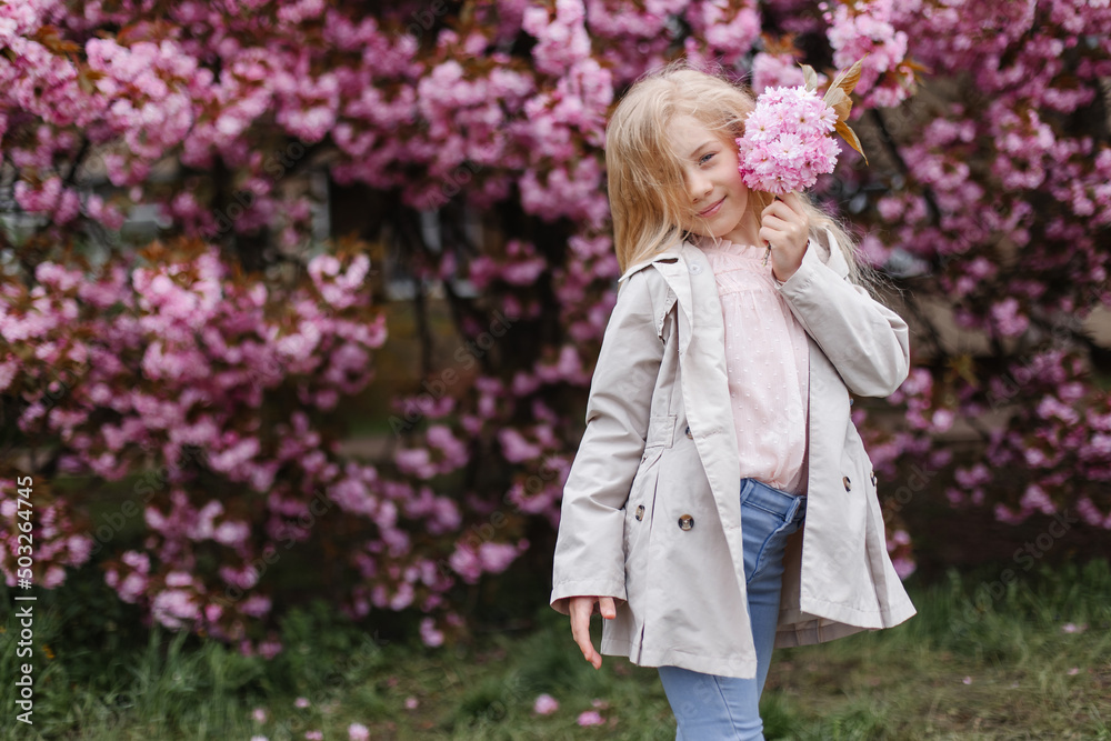 Beautiful little girl with a branch of sakura near the face on a background of blooming Japanese sakura tree Beautiful little girl with a branch of sakura near the face on a background of blooming Japanese sakura tree
