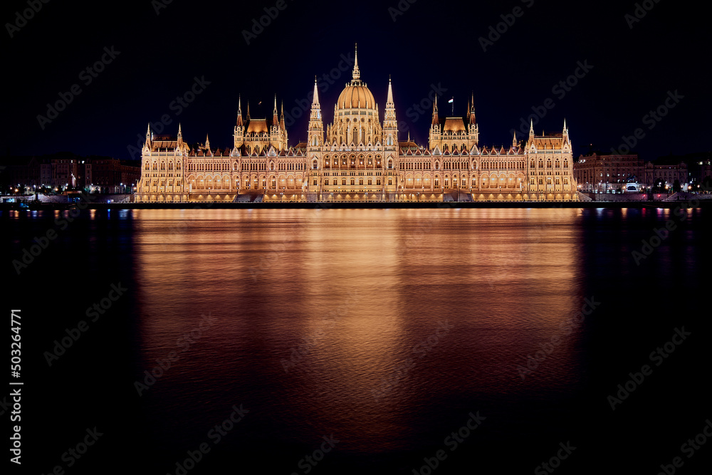 Budapest, night view of parliament, Hungary, reflection in the danube, Unesco