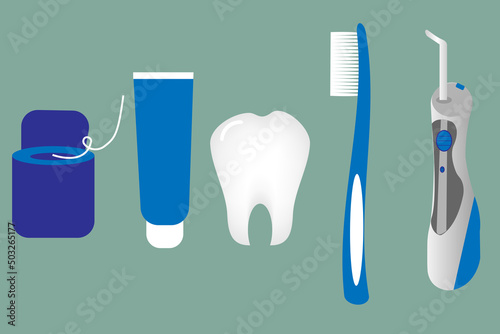 a set of accessories for brushing teeth.toothbrush,dental floss,toothpaste,irrigator