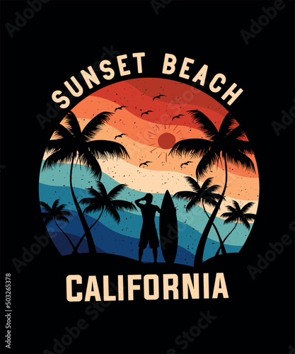 Sunset Beach California, The best surfing in California with a wave and surfer, t-shirt graphics, vectors t-shirt print,