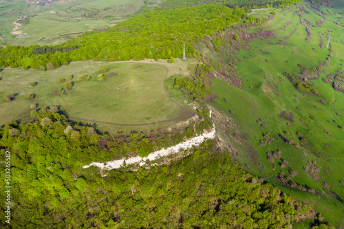 Aerial view of limestone cliffs and Green forest in the spring. Geological formation