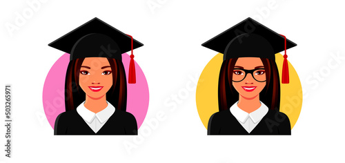 Happy graduates in square academic caps with tassel, eyeglasses and black gowns. Smiling Asian young women icons. Set of vector colorful illustrations