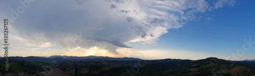 Beautiful panorama of the Umbrian landscape at sunset in summer.