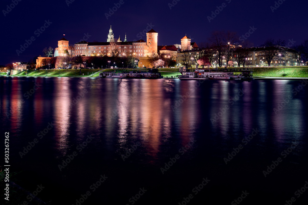 Wawel Royal Castle Krakow, most historically and culturally important site in Poland, night scene