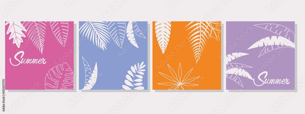 Set of summer concept square frame. Summer and tropical leaves decoration frame collection for cover, template and graphic design. Vector illustration.