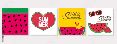 Set of summer concept square frame. Colorful water melon and Summer lettering frame collection for cover, template and graphic design. Vector illustration.