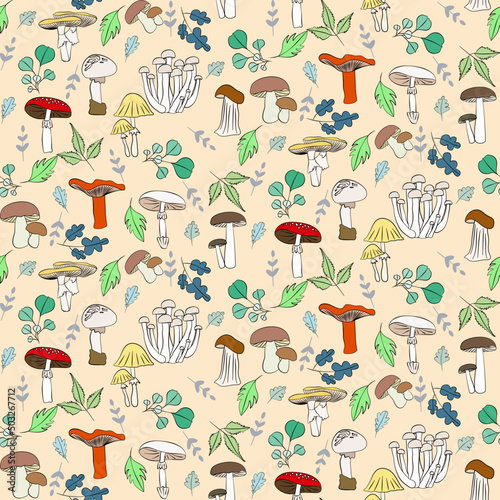 Vector seamless half-drop pattern, with mushrooms and leaves