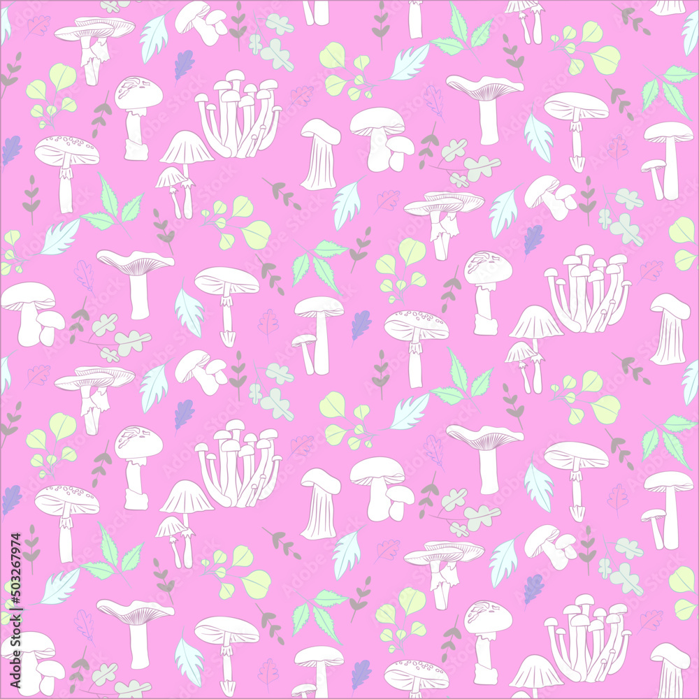 Vector seamless half-drop pattern, with mushrooms and leaves Vector seamless half-drop pattern, with mushrooms and leaves
