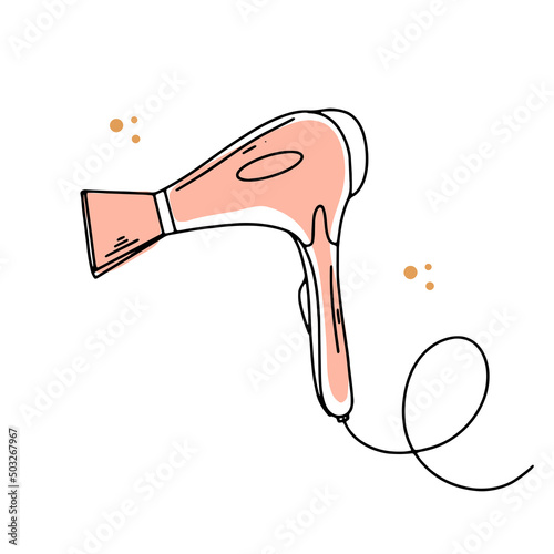 Hair dryer hand drawn line illustration. Doodle style with color shape. Minimalism and simple.