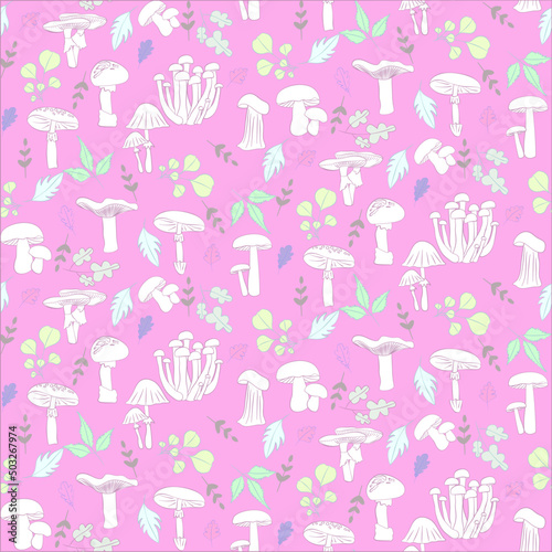 Vector seamless half-drop pattern  with mushrooms and leaves