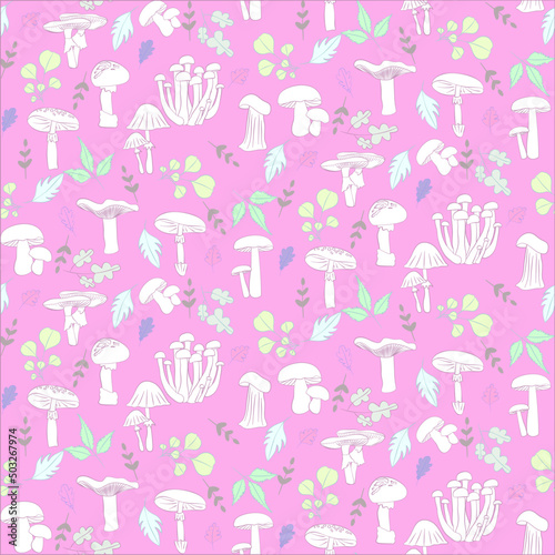 Vector seamless half-drop pattern, with mushrooms and leaves