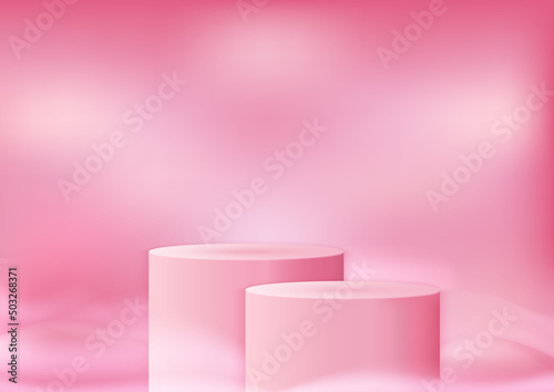 Display 3d abstract podium product pink. With light soft pink blur shape backdrop, promotional display design.