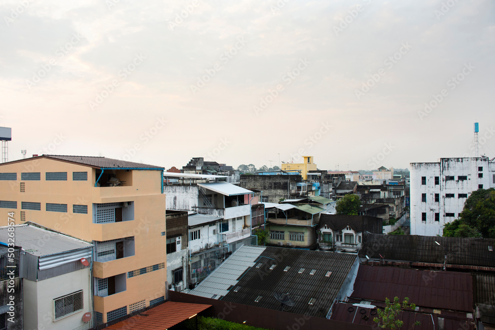 Aerial view landscape cityscape of Phattalung city and high building house home from hotel resort in morning dawn for thai people foreign travelers travel visit and rest relax in Phatthalung, Thailand