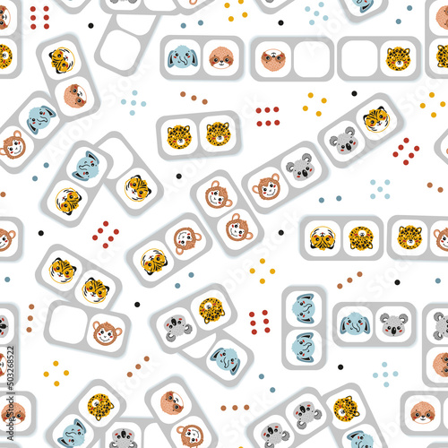Dominoes with Cute Tropical Animal Faces for kids. Vector Seamless Pattern for kids. Colorful Baby Background with Domino Stones with Leopard, Monkey, Elephant, Sloth, Koala, Tiger Drawings.