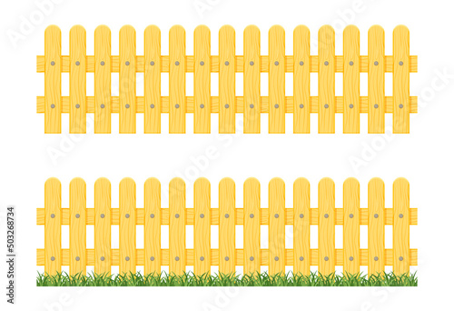Wooden fence in grass isolated on white background. Vector illustration of seamless picket fence.