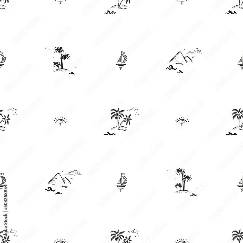 Vector Vacation Theme. Summer Seascape Seamless Black and White Pattern. Palm trees, Islands, Sea waves, Sailboats, Tropical Plants and Sunny Dawn