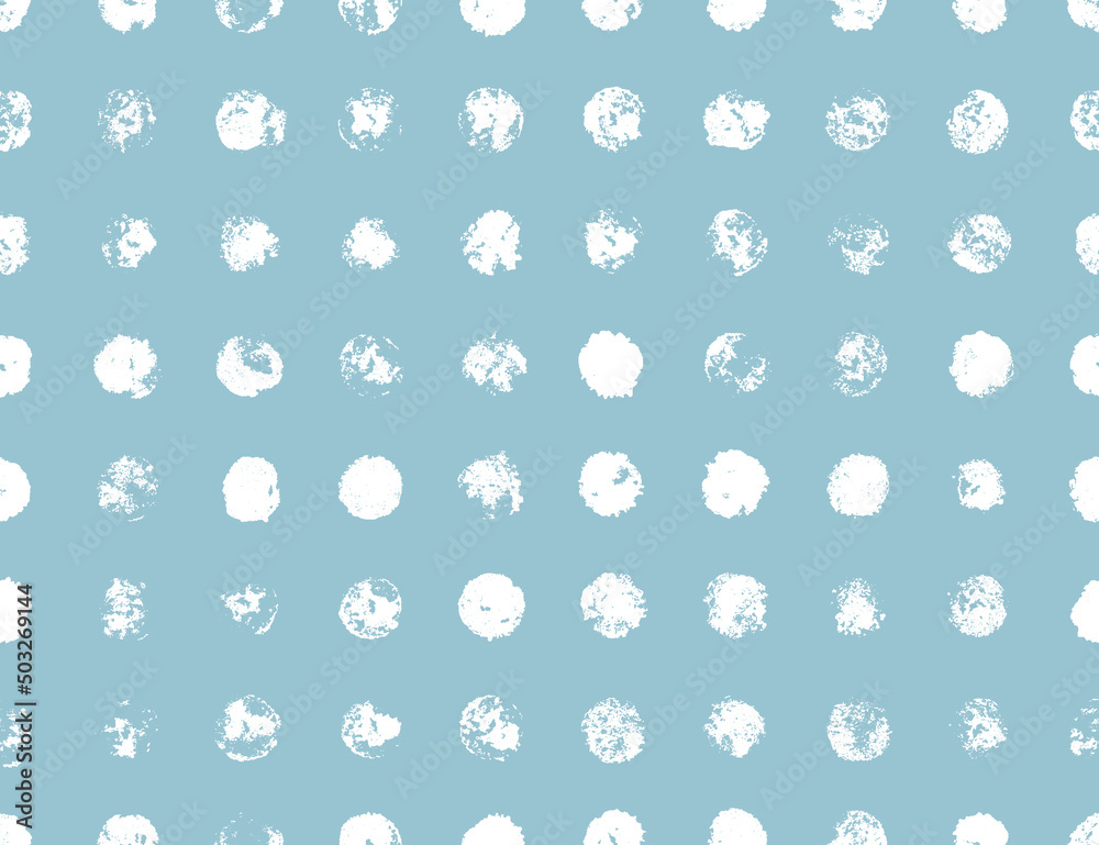 Vector Polka Dots Seamless Pattern. Grunge Paint Circle Shapes Textures Abstract Blue White Background. Round spots with rough edges. Stamp Ink blots. Hand painted stains.