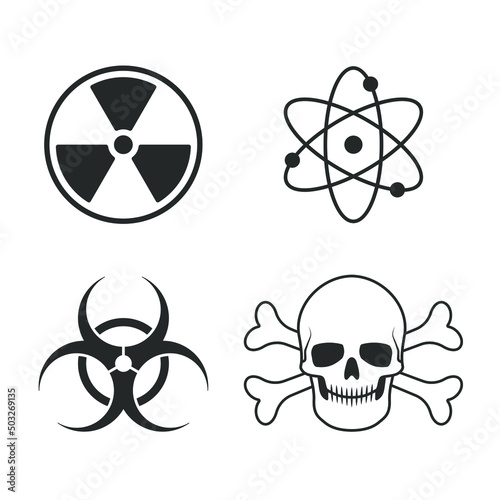 Warning sign set. Radioactive, atom, biohazard and toxic symbol collection. Skull and crossbones icon. Nuclear energy logo. Vector illustration image. photo