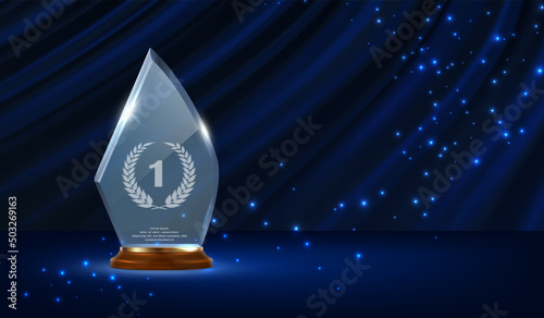 3d realistic vector background. gLass trophy with laurel on blue wavy background. Winner nomination celebration.