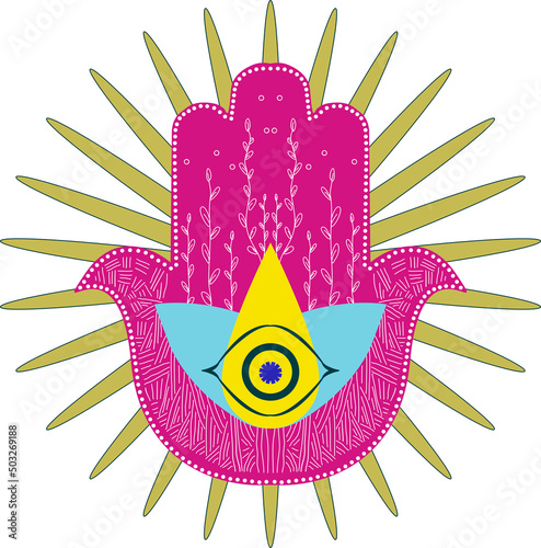 Hamsa hand the sign of lucky on dupatta fabric 