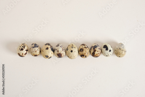 quail eggs on light texture background copy space