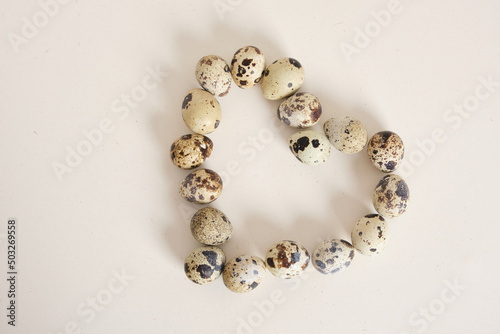 quail eggs on light texture background copy space