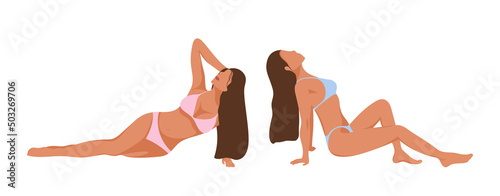 Summer vacation and tropical holidays. Beautiful young girls tanning. Vector illustration