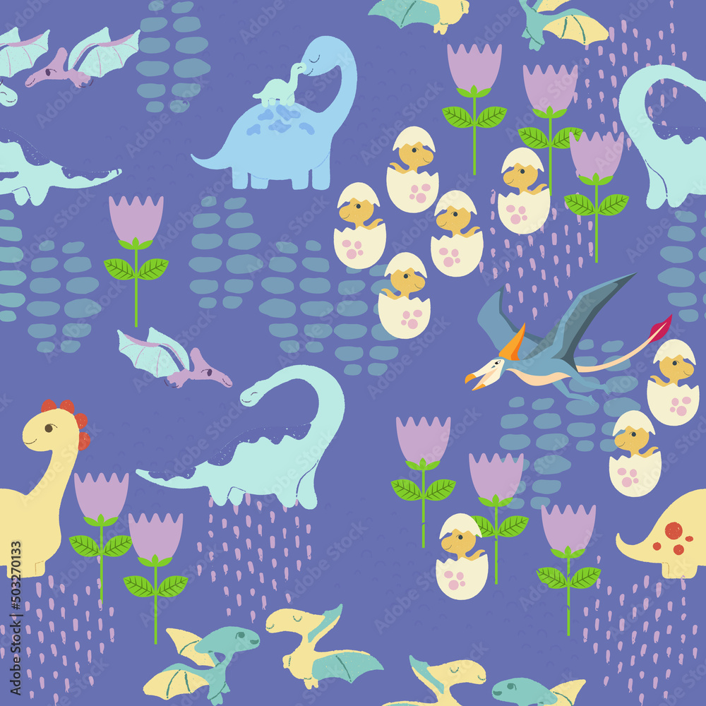 Obraz premium Seamless hfttern with dinosaurs and flowers