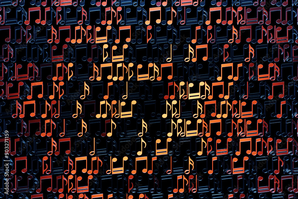 Black music sheet background with orange drawn notes. Simple cartoon design. 3D illustration