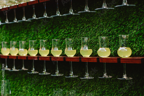 Champagne glasses and cocktails are mounted on a stand on the vertical wall of the green lawn. Decor for a wedding or party in the Italian style.