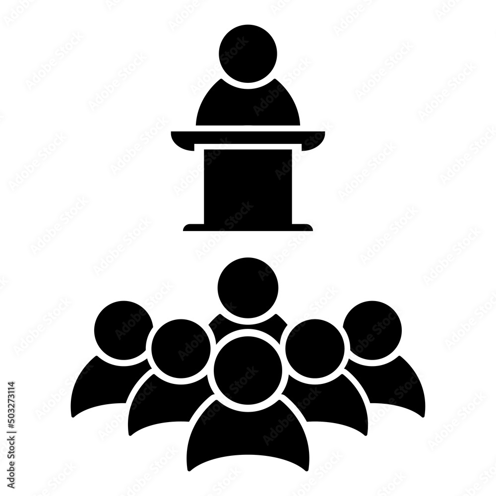 Business meeting, discussion. Public Speaker on the pedestal. Teamwork activity. White Collar Worker. Vector illustration Business meeting, discussion. Public Speaker on the pedestal. Teamwork activity. White Collar Worker. Vector illustration