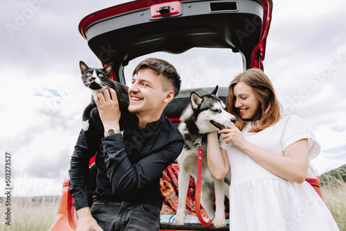 Pregnant woman with husky and cat on man's shoulders near car in car on nature background. Travel concept with pets.
