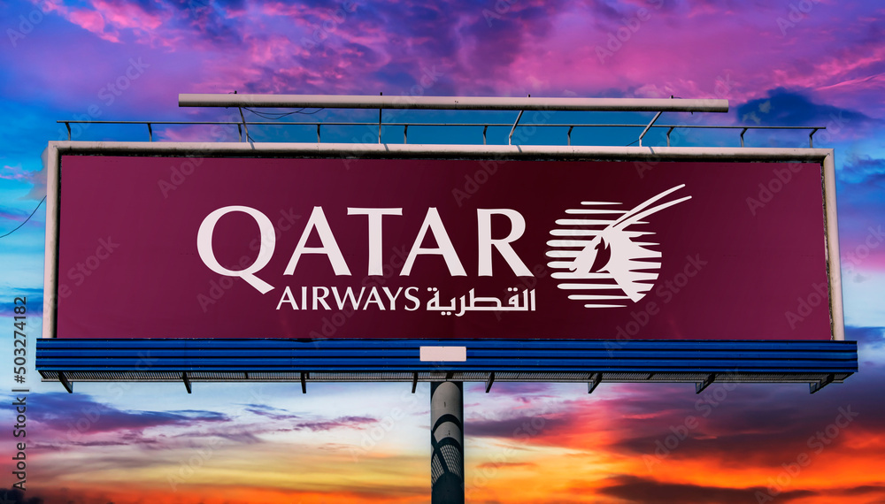Advertisement billboard displaying logo of Qatar Airways Stock Photo