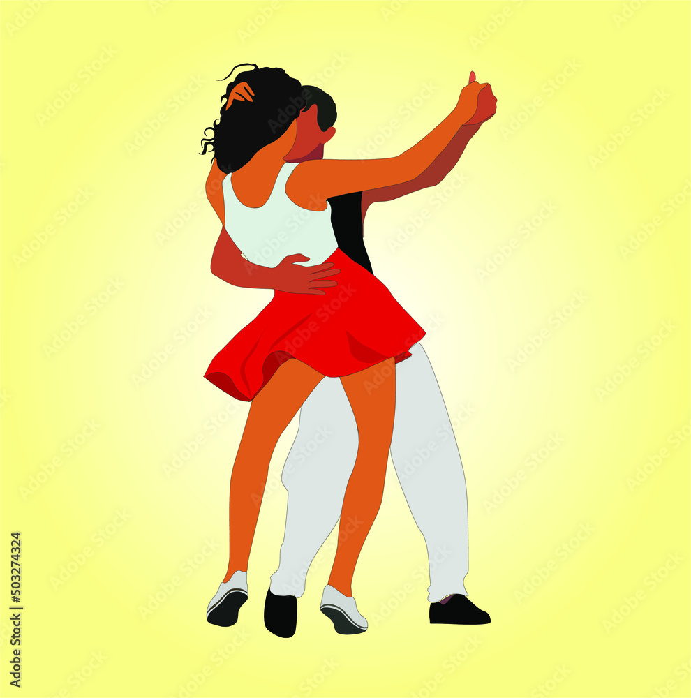 Latina dance. Dancers in salsa, bachata or lambada poses wearing