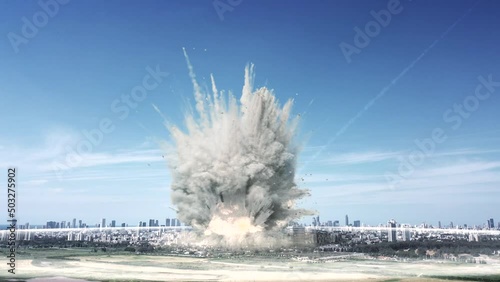 Asteroid or missile attack over city, aerial view, Tel aviv
Drone view over cityscape bombarded by meteor or atomic missile bomb, israel
 photo