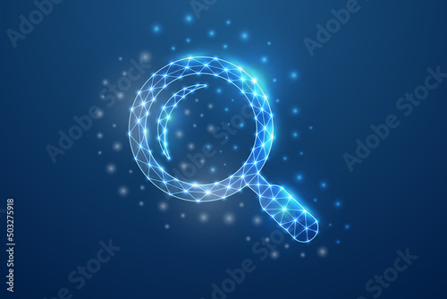 Magnifying glass 3d symbol in blue low poly style. Analysis, search tool design concept vector illustration. Loupe polygonal wireframe.