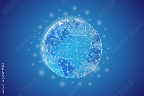 Earth low poly symbol with white connected dots. 3d geometric polygonal World map. Planet, universe, space design vector illustration.